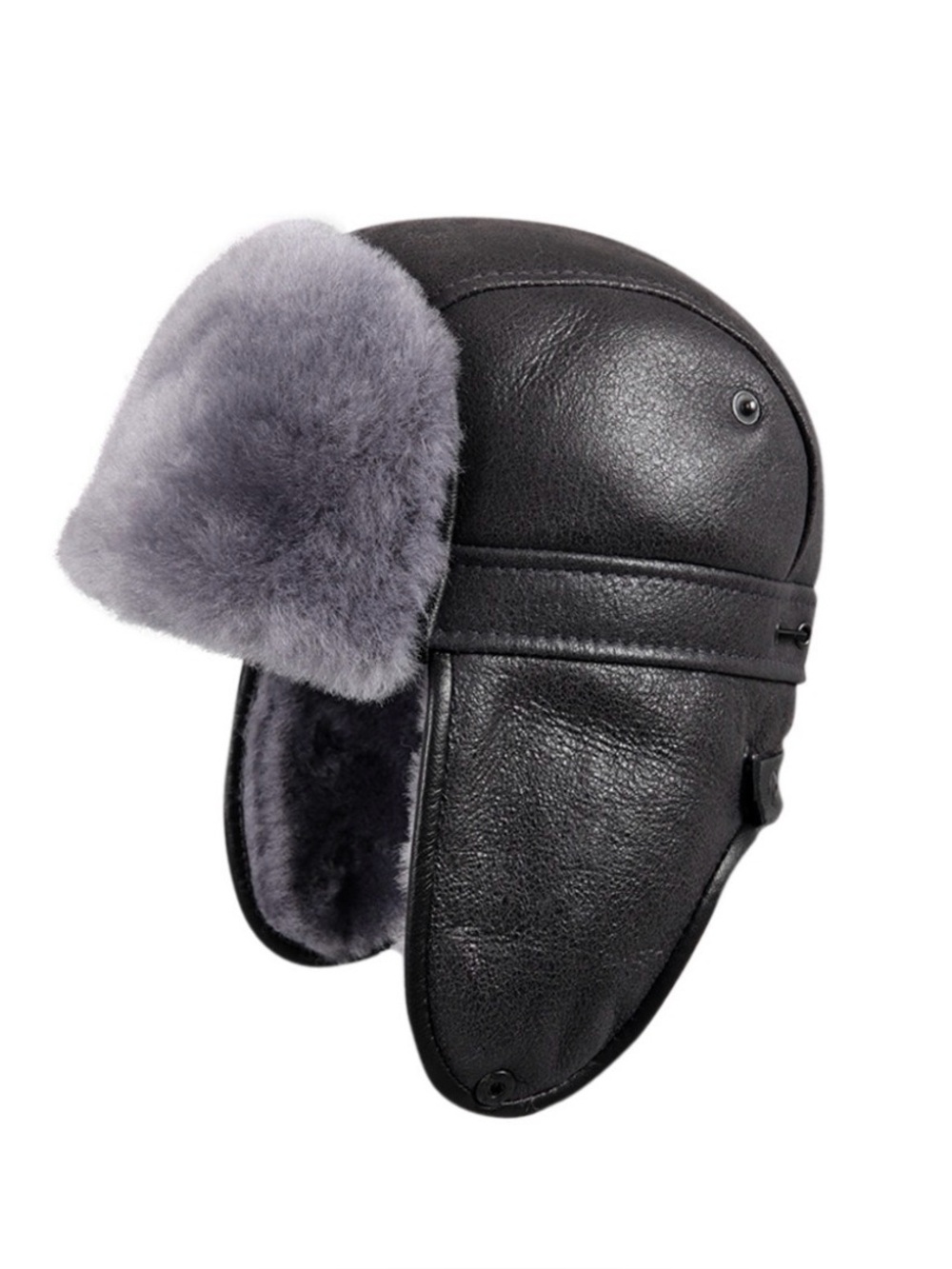 Zavelio Shearling Sheepskin Biker Trapper Winter Fur Hat Med Sz 7 - 7 1/8 Gray